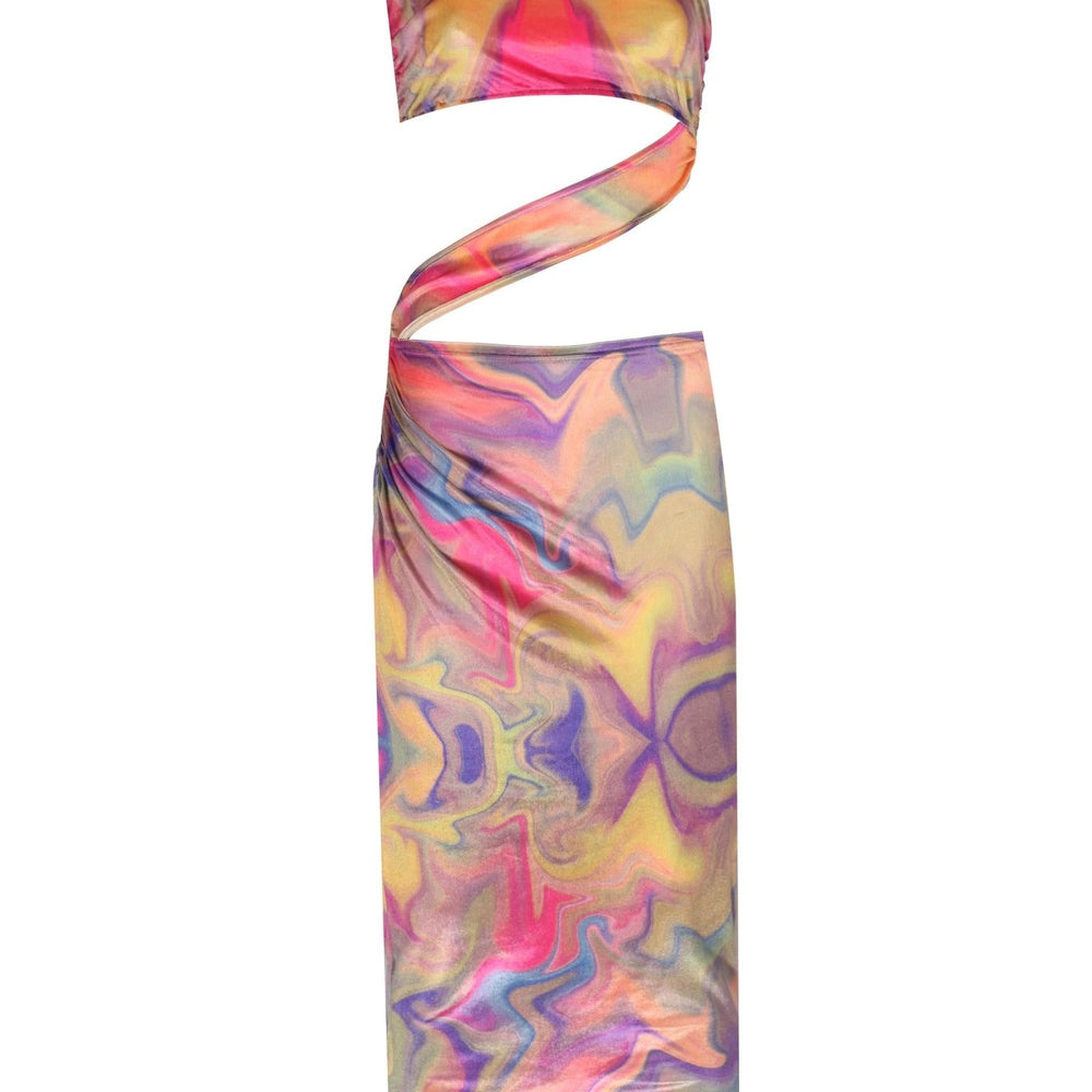 Baskılı Büzgü Detaylı Kadife Midi Boy Elbise - No Design Store