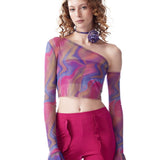 Baskılı Kolları Fırfırlı Transparan Crop Top - No Design Store