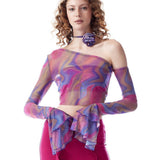 Baskılı Kolları Fırfırlı Transparan Crop Top - No Design Store