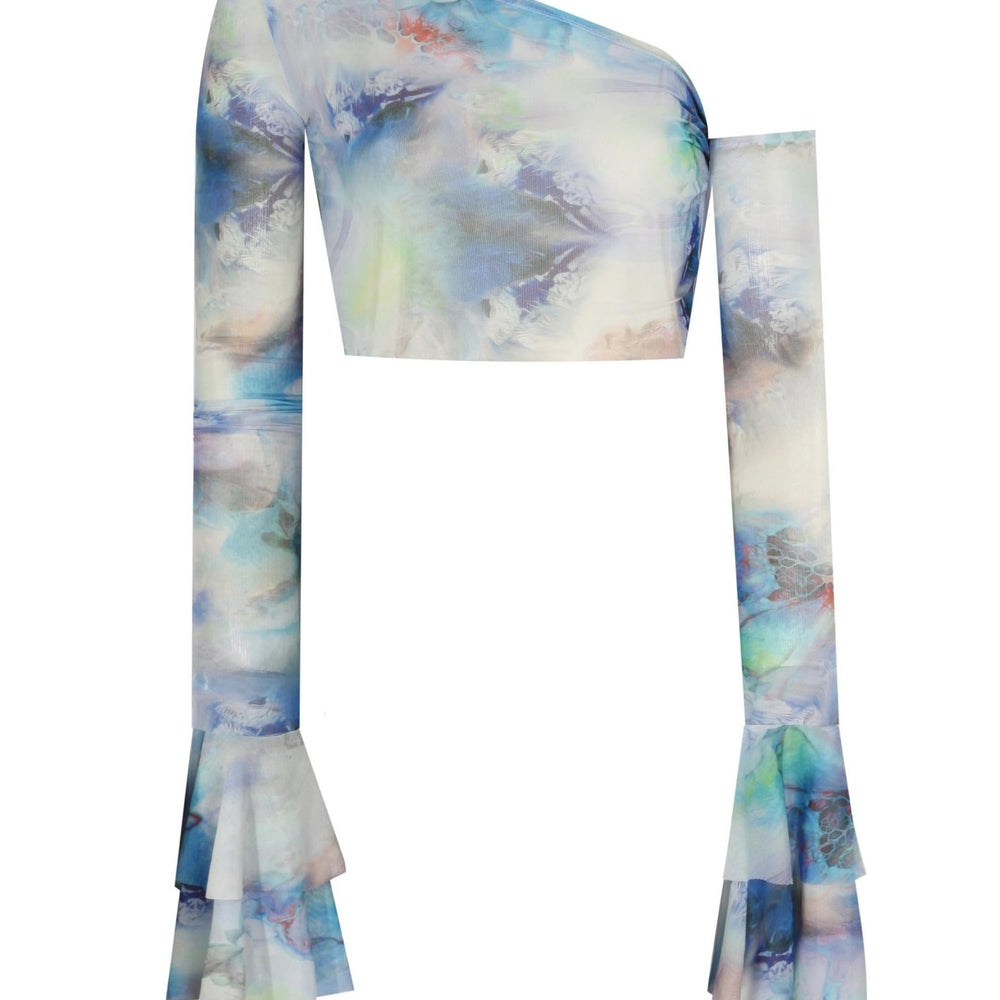 Baskılı Kolları Fırfırlı Transparan Crop Top - No Design Store