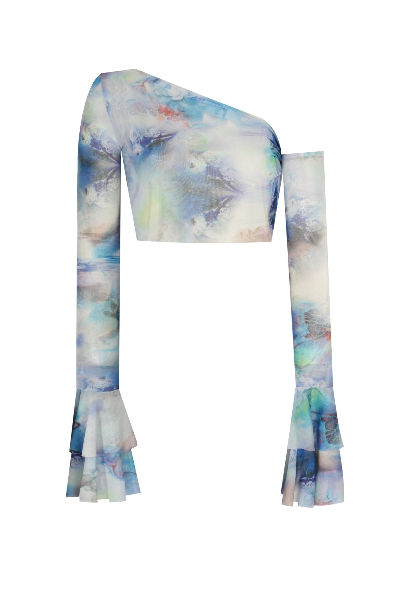 Baskılı Kolları Fırfırlı Transparan Crop Top - No Design Store