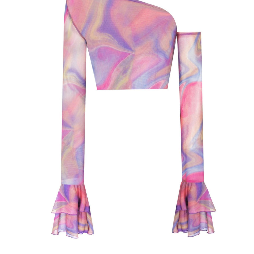 Baskılı Kolları Fırfırlı Transparan Crop Top - No Design Store