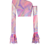 Baskılı Kolları Fırfırlı Transparan Crop Top - No Design Store
