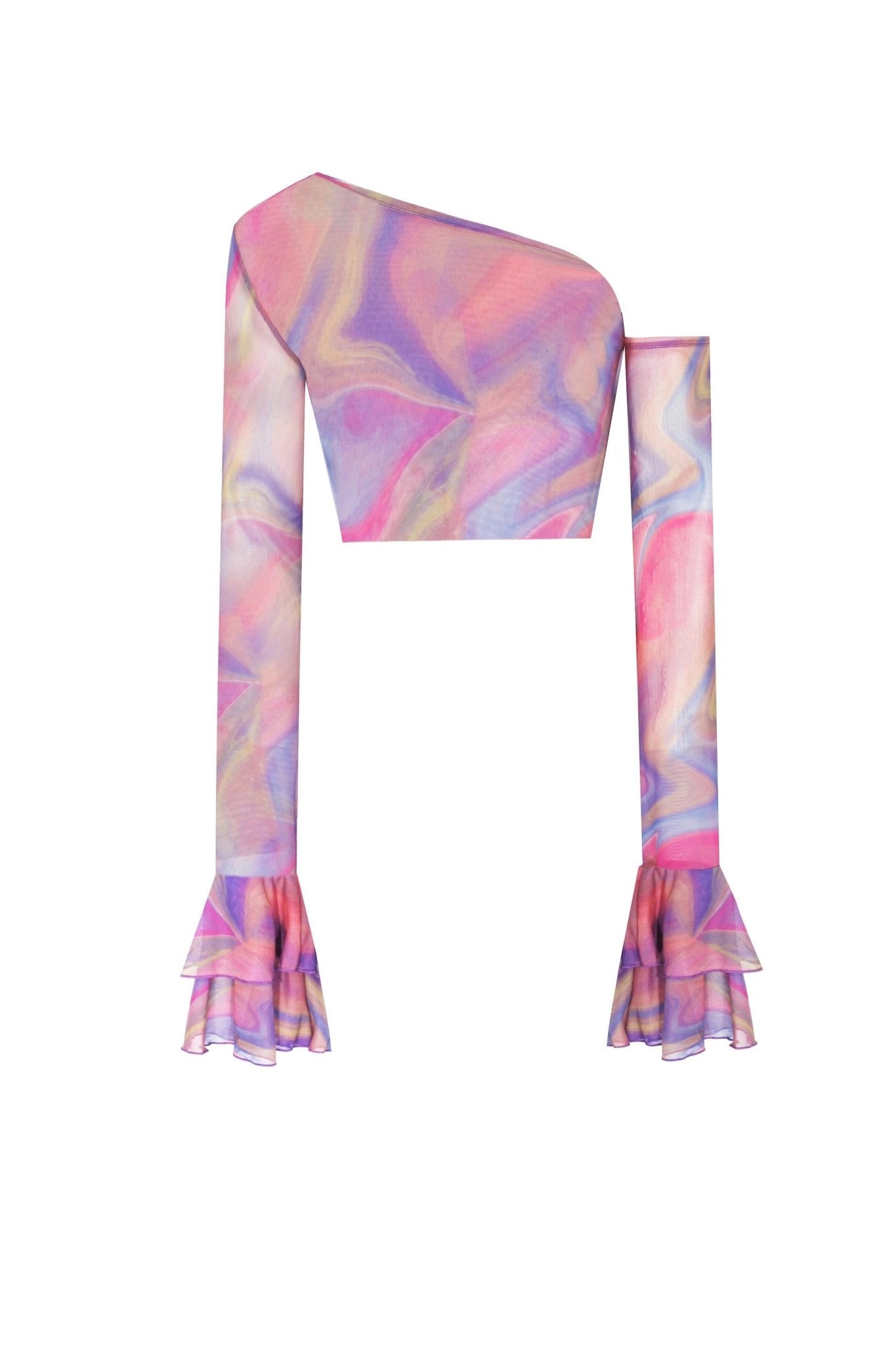 Baskılı Kolları Fırfırlı Transparan Crop Top - No Design Store