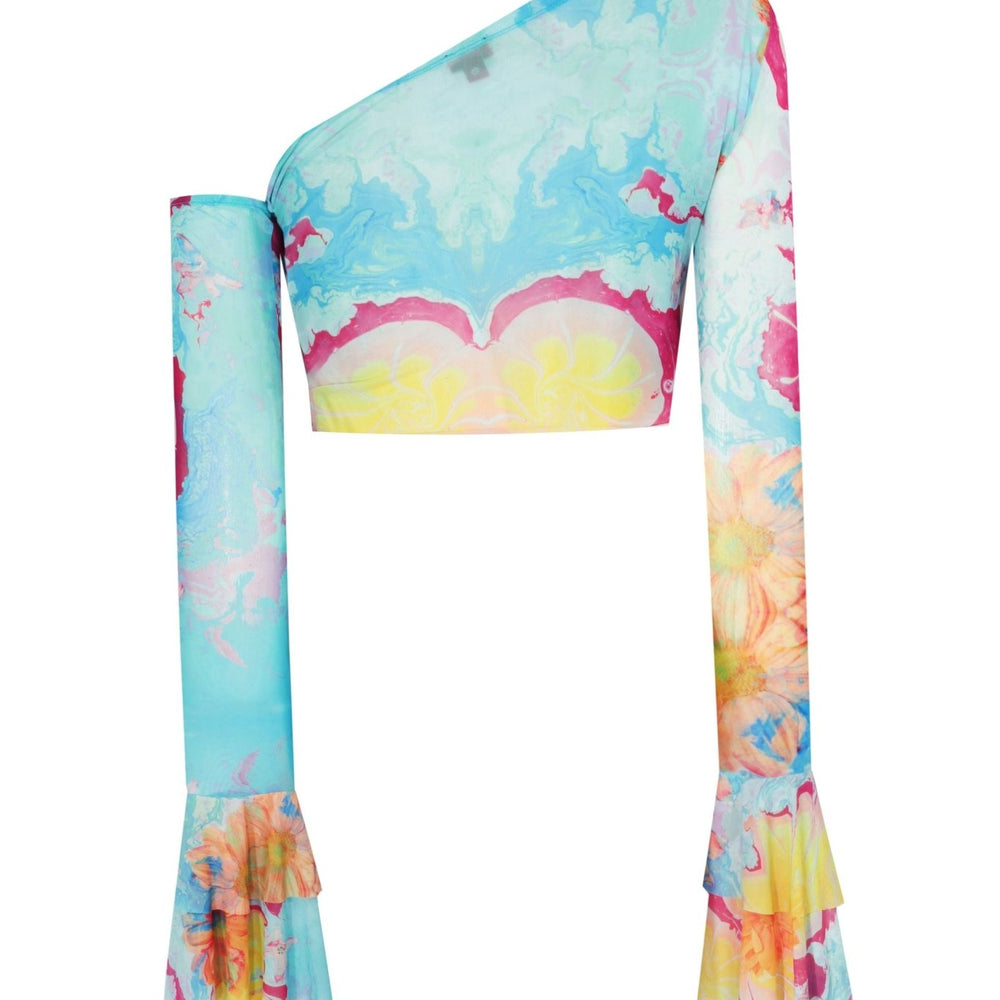 Baskılı Kolları Fırfırlı Transparan Crop Top - No Design Store