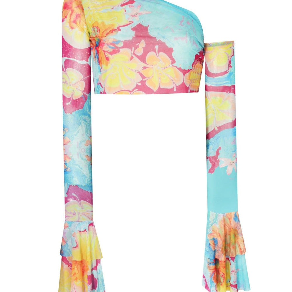 Baskılı Kolları Fırfırlı Transparan Crop Top - No Design Store