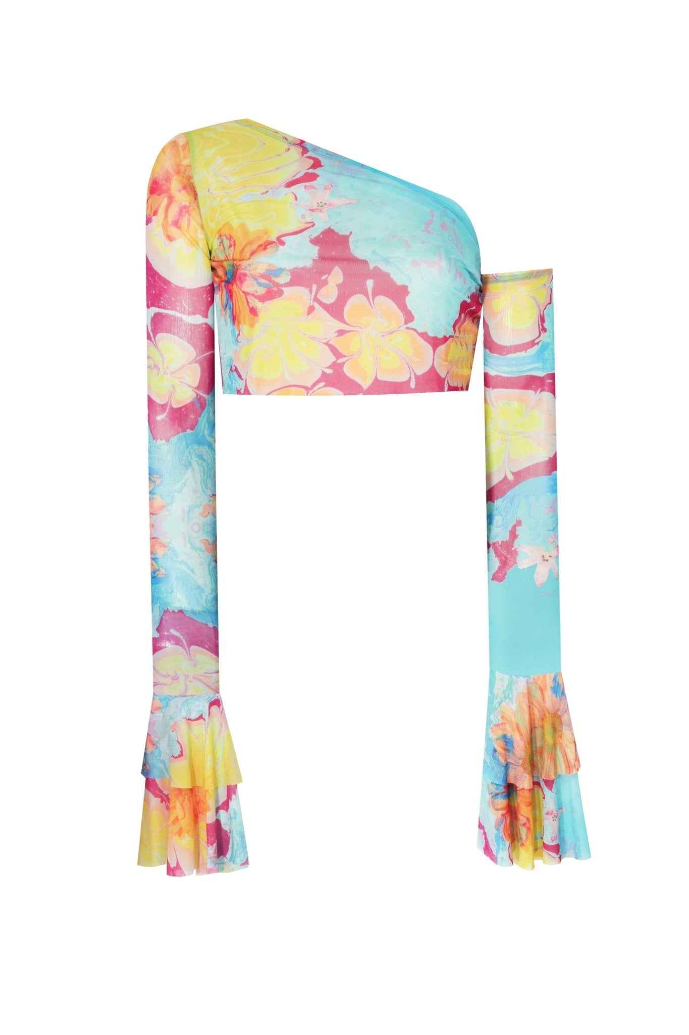 Baskılı Kolları Fırfırlı Transparan Crop Top - No Design Store