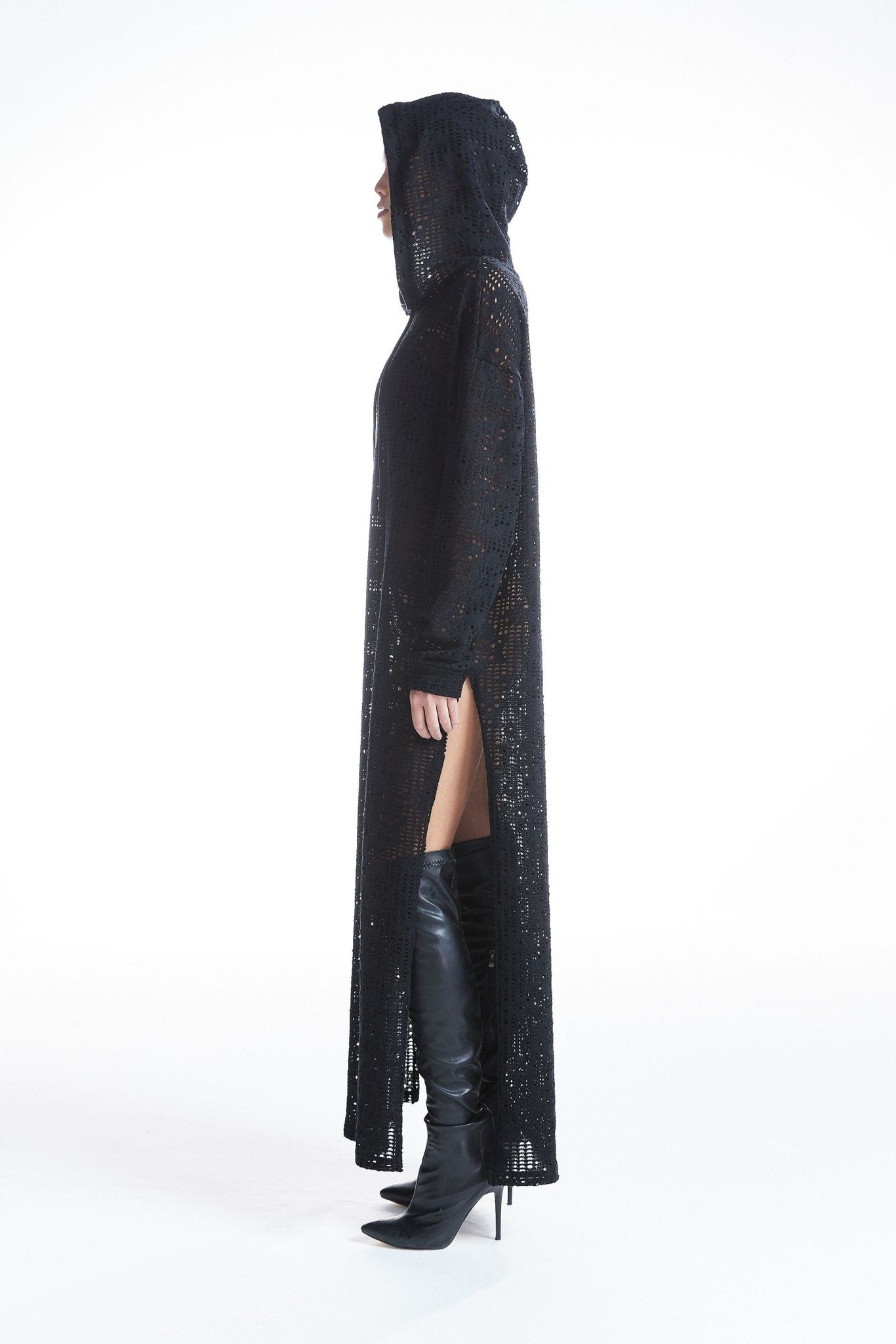 Derin Yırtmaçlı Transparan Hoodie Elbise - No Design Store