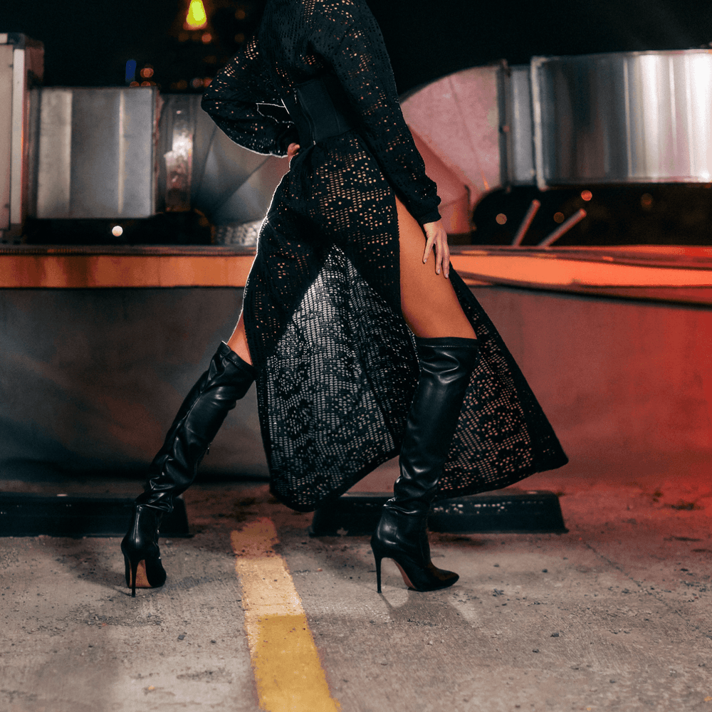 Derin Yırtmaçlı Transparan Hoodie Elbise - No Design Store