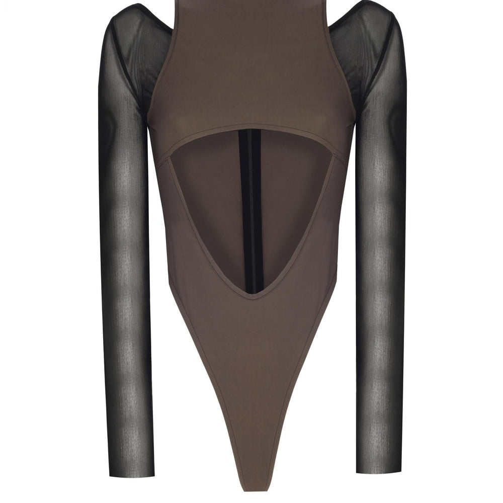 Göbek Dekolteli Kontrast Kumaş Detaylı Bodysuit - No Design Store