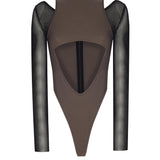 Göbek Dekolteli Kontrast Kumaş Detaylı Bodysuit - No Design Store