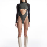 Göbek Dekolteli Kontrast Kumaş Detaylı Bodysuit - No Design Store