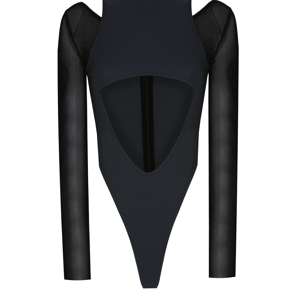 Göbek Dekolteli Kontrast Kumaş Detaylı Bodysuit - No Design Store