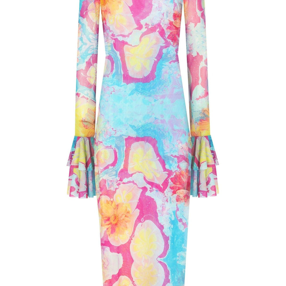 Kolları Fırfır Detaylı Balıkçı Yaka Baskılı Midi Boy Elbise - No Design Store