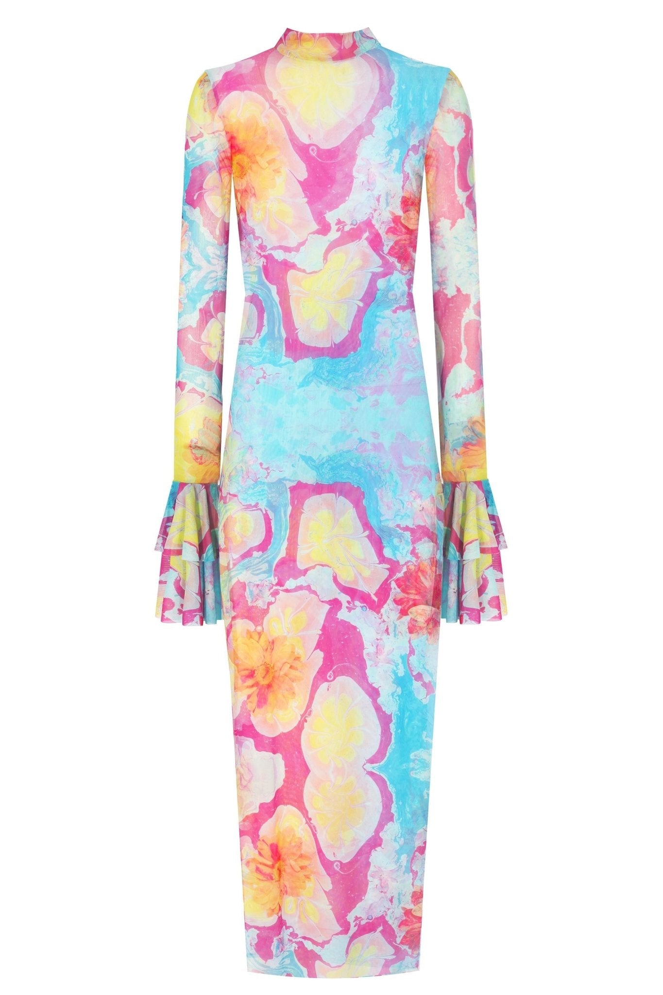 Kolları Fırfır Detaylı Balıkçı Yaka Baskılı Midi Boy Elbise - No Design Store