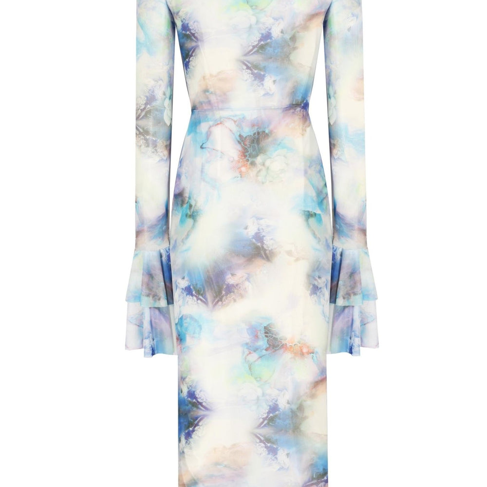 Kolları Fırfır Detaylı Balıkçı Yaka Baskılı Midi Boy Elbise - No Design Store