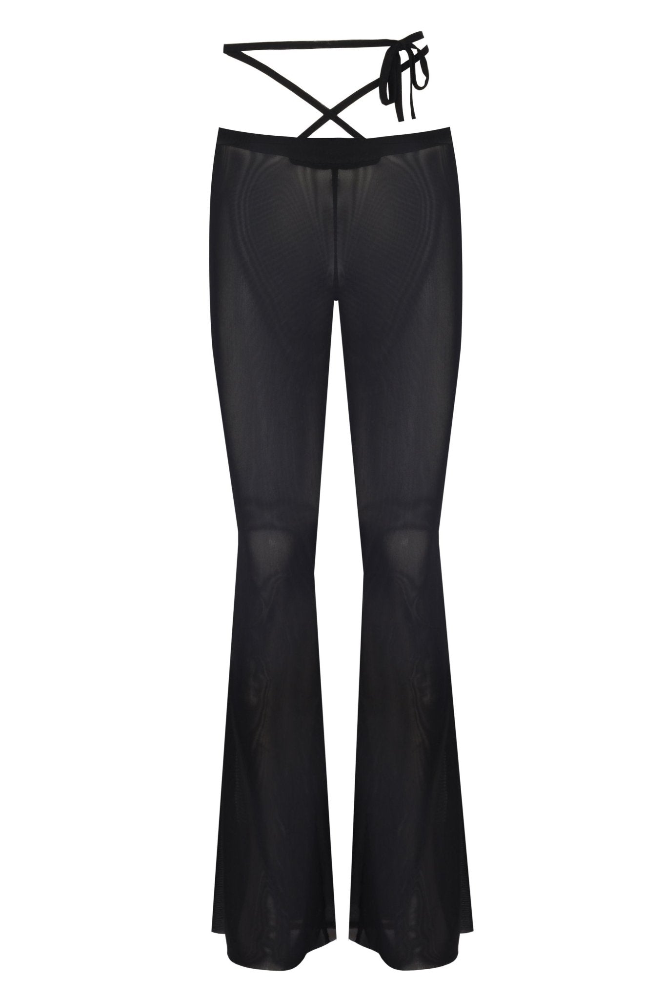 Siyah Transparan Düşük Bel Bağlama Detaylı İspanyol Paça Pantolon - No Design Store