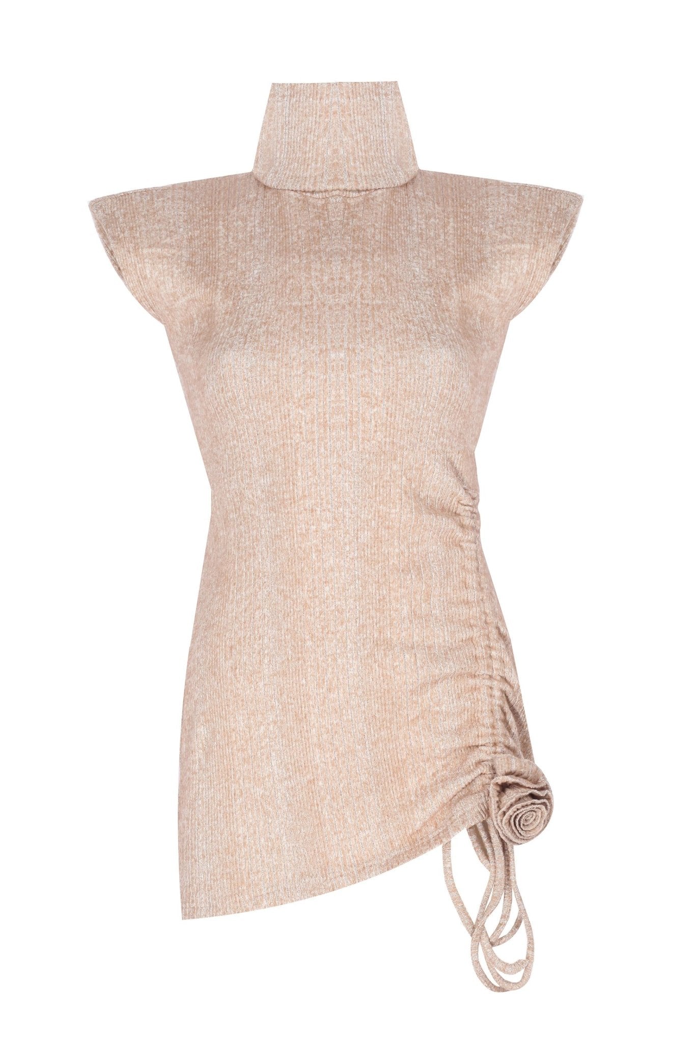 Uzun Balıkçı Yaka Ayarlanabilir Büzgü Yırtmaç ve Gül Detaylı Vatkalı Triko Mini Elbise - No Design Store