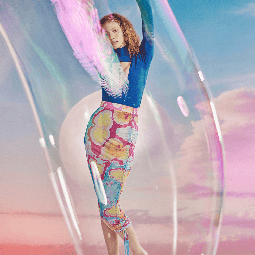 Yanları Büzgülü Baskılı Transparan Tül Midi Boy Etek - No Design Store