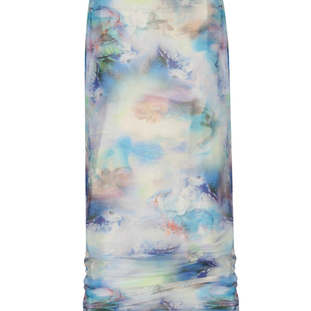 Yanları Büzgülü Baskılı Transparan Tül Midi Boy Etek - No Design Store