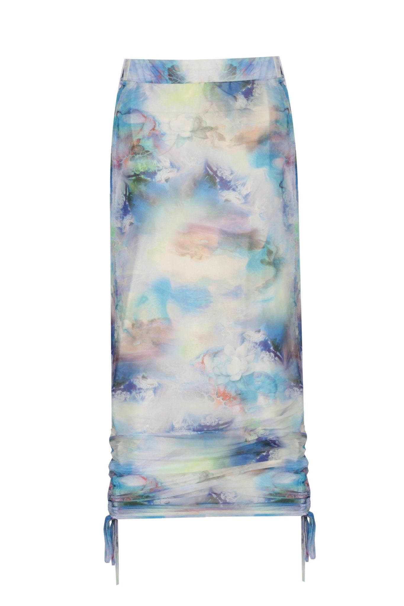 Yanları Büzgülü Baskılı Transparan Tül Midi Boy Etek - No Design Store