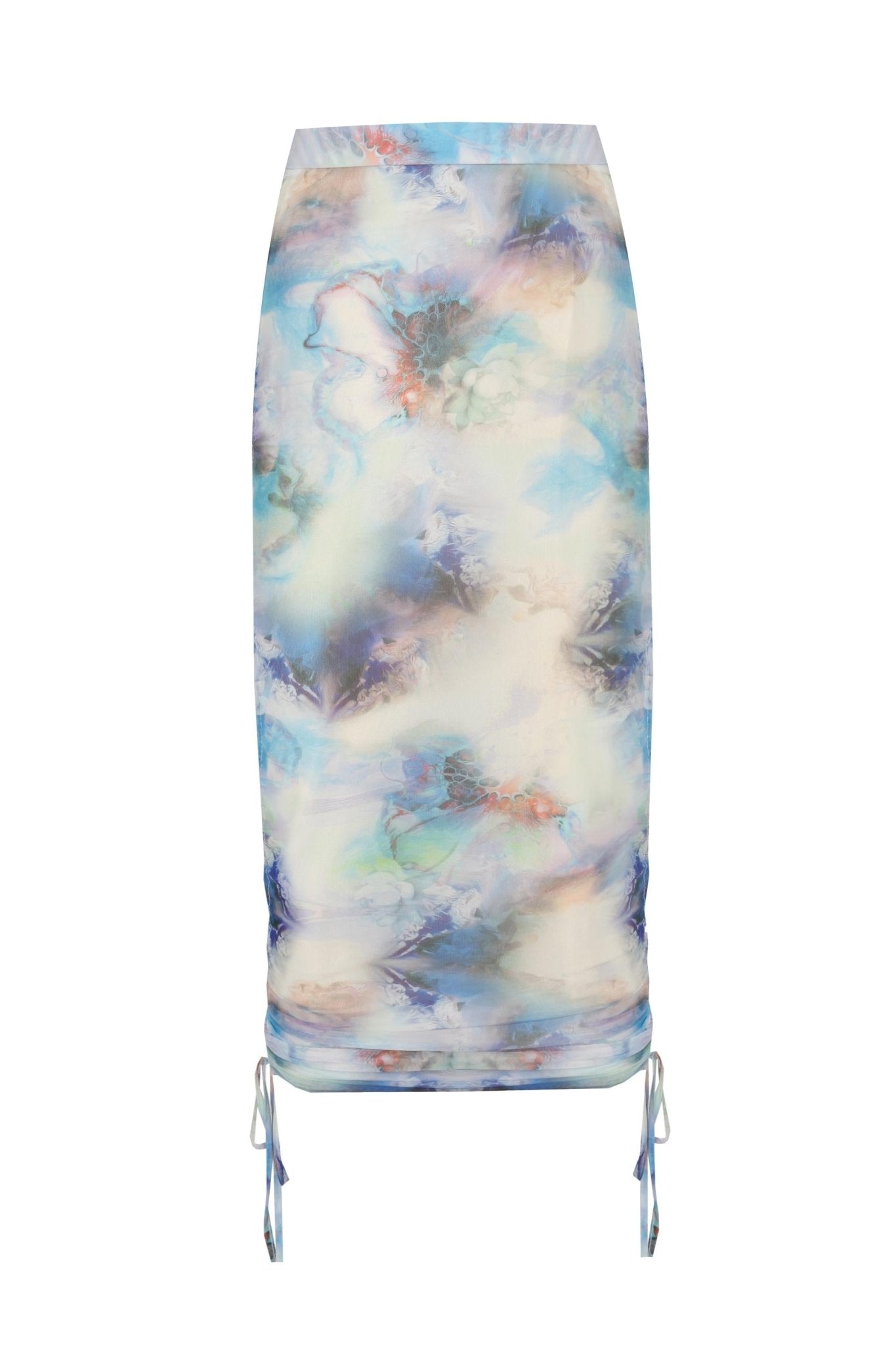 Yanları Büzgülü Baskılı Transparan Tül Midi Boy Etek - No Design Store